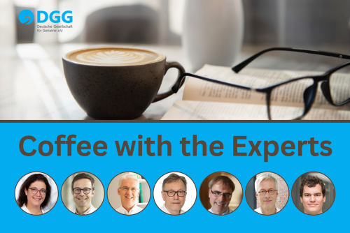 Tasse Kaffee und Portraits der DGG-Webinar-Referenten