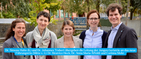 Dr. Simone Hahn (li.) und Dr. Johannes Trabert übergeben die Leitung der Jungen Geriatrie an das neues Führungstrio (Mitte v. l.): Dr. Béatrice Heck, Dr. Anna Maria Affeldt und Corinna Mohr.